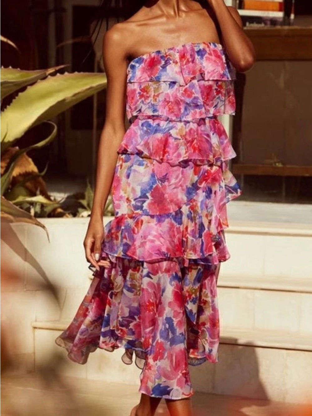 Misa Los Angeles Strapless Pink & Purple Floral Tiered Ruffle Dress